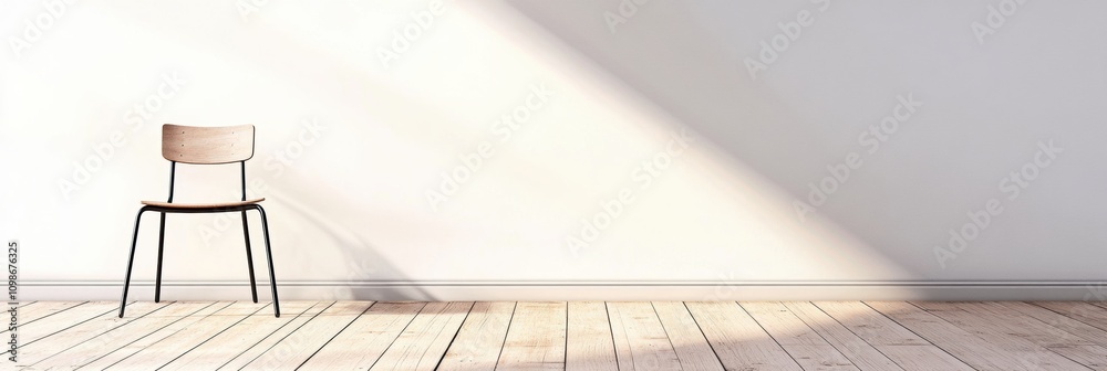 Aufkleber wooden floors create a warm atmosphere in this empty room featuring a single chair positioned agains