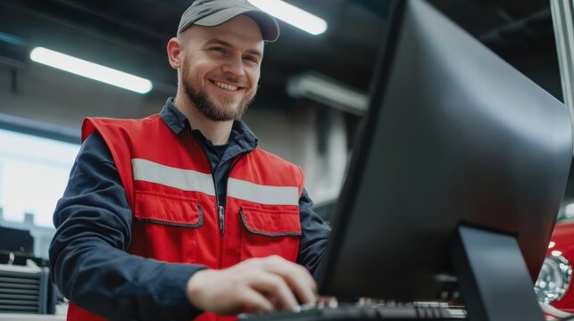 A cheerful car mechanic in a red vest works at a computer in an auto shop, blending technology and hands-on expertise.