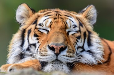 Obraz premium Majestic tiger resting calmly in a serene environment, showcasing its powerful features and vibrant fur patterns