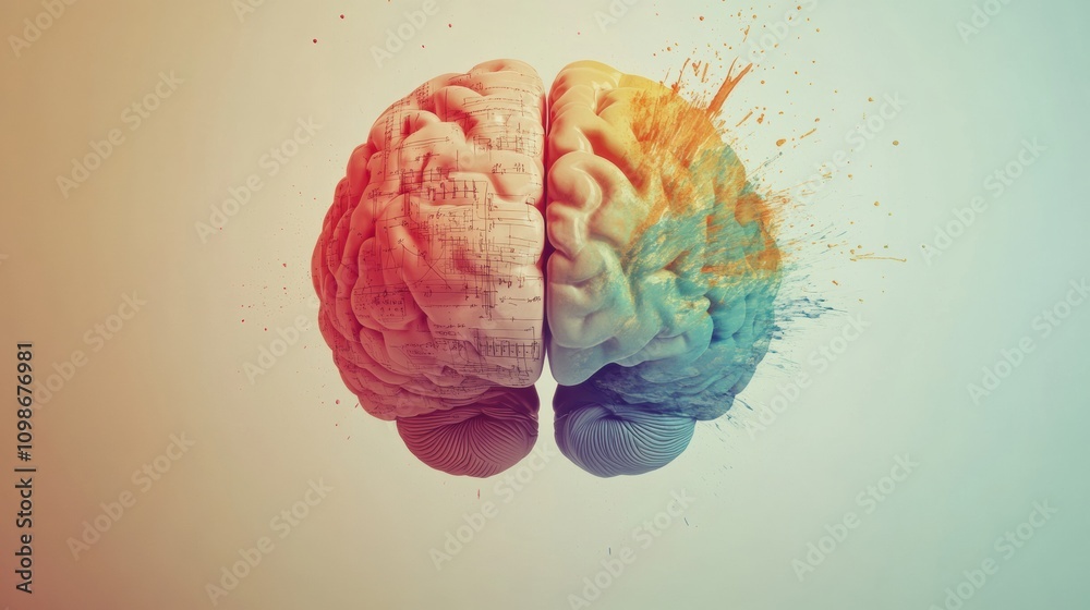 Poster Visual representation of a human brain with one half filled with vibrant colors, illustrating the dual nature of creativity and logic. Generative AI