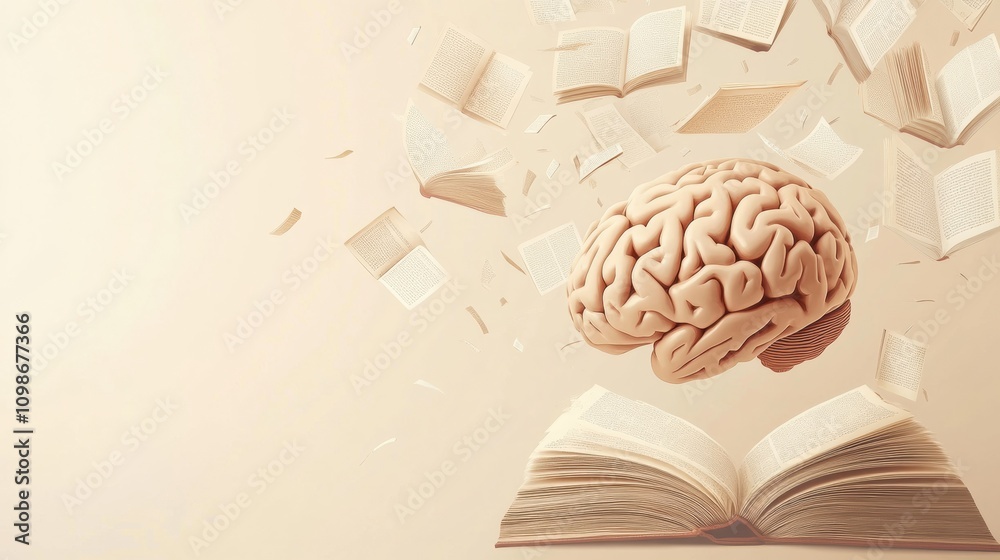 Leinwandbilder a brain floats above open books with pages flying around, symbolizing the power of knowledge and the