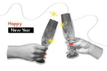 Christmas banner template with halftone hand holding champagne flute glass art collage. Cut out paper modern retro New year vector illustration