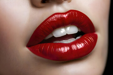 Obraz premium Close-up of vibrant red glossy lips with white teeth.