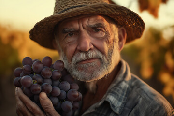 Fototapeta premium Elderly man holding grapes in vineyard at sunset. Generative AI