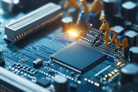 Tiny figurines in construction attire appear to work on a microchip, creating a playful illusion of building a digital world.