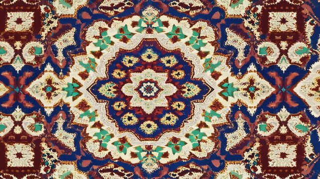 A colorful rug with a pattern of flowers and leaves. The rug is blue and white. The flowers are red and green