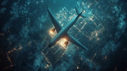 Fototapeta premium Aerial view of an airplane flying over the deep ocean