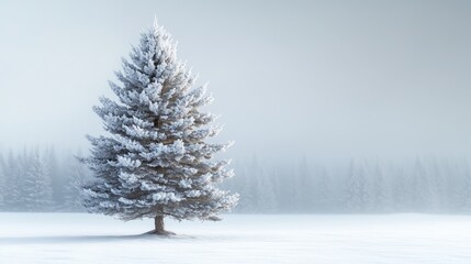 Close-up of a snow-covered pine tree with a background of a soft