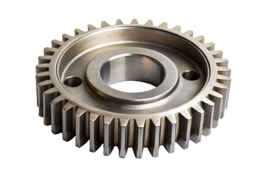 A close-up view of a metallic gear, showcasing intricate teeth and a central hole, reflecting precision engineering and robust design. Mockup on a transparent background.