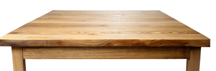 A beautifully crafted wooden table with a smooth surface and natural grain patterns, perfect for dining or workspace needs. Mockup on a transparent background.