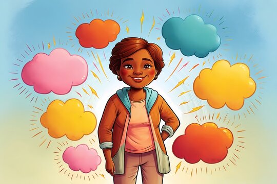 Child enjoys imaginative thinking with colorful clouds during a sunny day