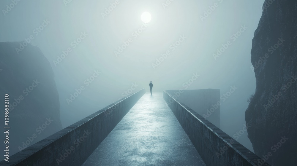 Fototapete a lonely traveler walks along an empty bridge enveloped in fog, with the sun shining brightly in the
