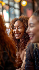 Obraz premium Woman Laughing with Friends in a Vibrant Setting