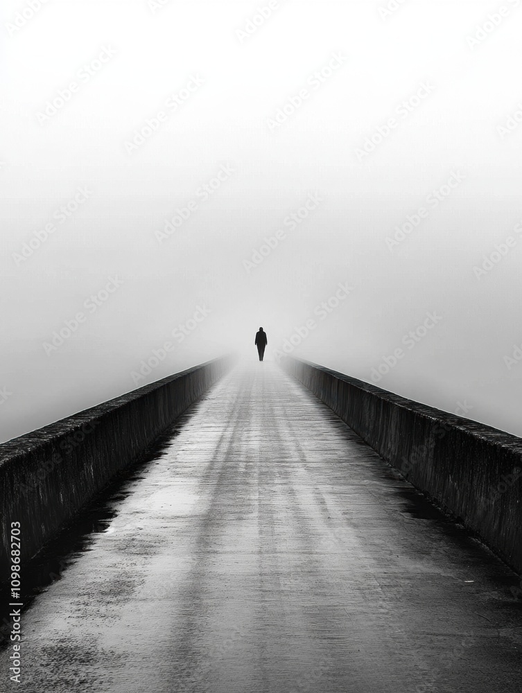 Poster a lone person strides down a lengthy, deserted bridge shrouded in thick fog, creating a serene yet m