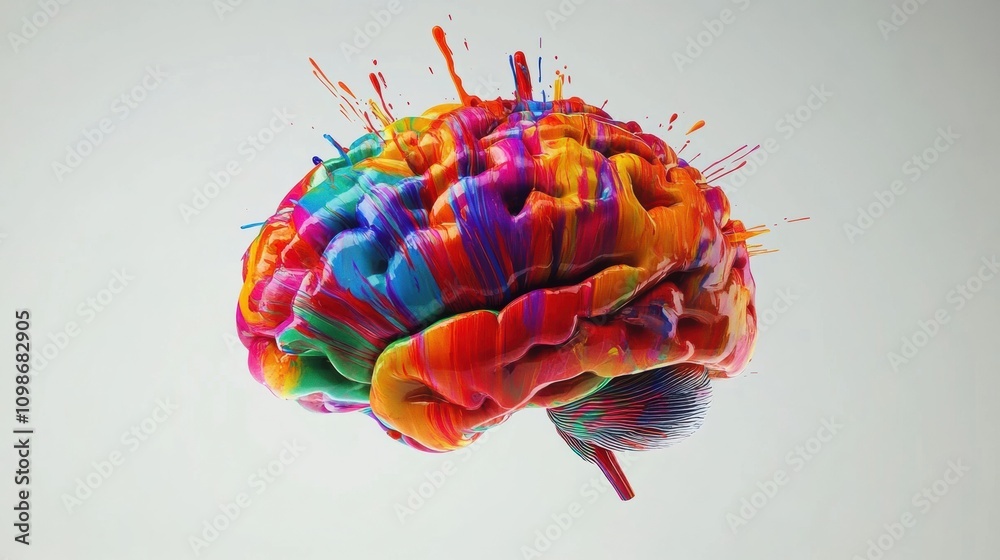 Poster A colorful, abstract-painted brain symbolizes creativity and imagination through its vivid strokes and artistic blend. Generative AI