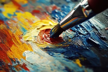 Fototapeta premium Brush applies vivid paint to a colorful abstract canvas in an artistic studio setting