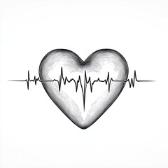 A minimalist line drawing of a heart intertwined with a heartbeat line. Isolated at white background. 