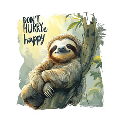 Fototapeta premium Cartoon sloth lounging on a tree branch, pastel-colored artwork, relaxed and content mood, soft sunlight filtering through the leaves. T-shirt design