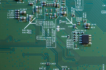 Electronic circuit board as background, top view