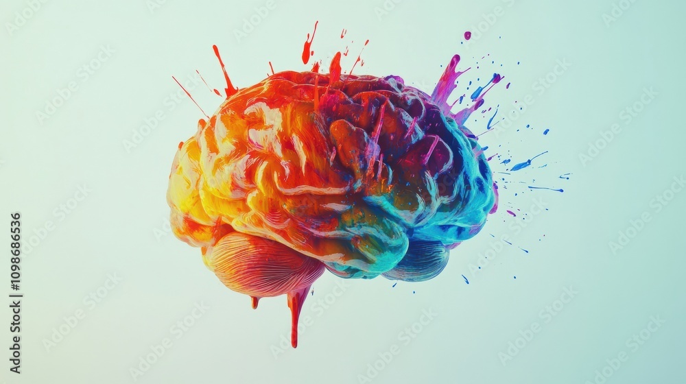 Aufkleber a vibrant brain covered in splashes of paint showcases creativity and imagination. the colorful stro