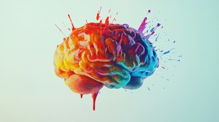 A vibrant brain covered in splashes of paint showcases creativity and imagination. The colorful strokes evoke a sense of artistic expression. Generative AI