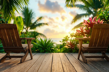 Fototapeta premium Two wooden chairs sitting on a wooden deck overlooking the ocean