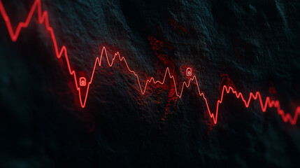 Fototapeta premium Digital heartbeat line on a dark screen with lock symbols on every peak and valley - Minimal and symbolic, low light