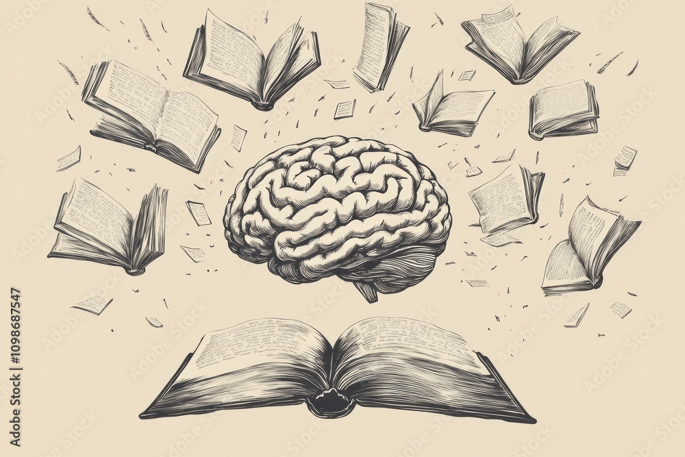 Poster a brain is depicted at the center, surrounded by open books and flying pages, illustrating the conne