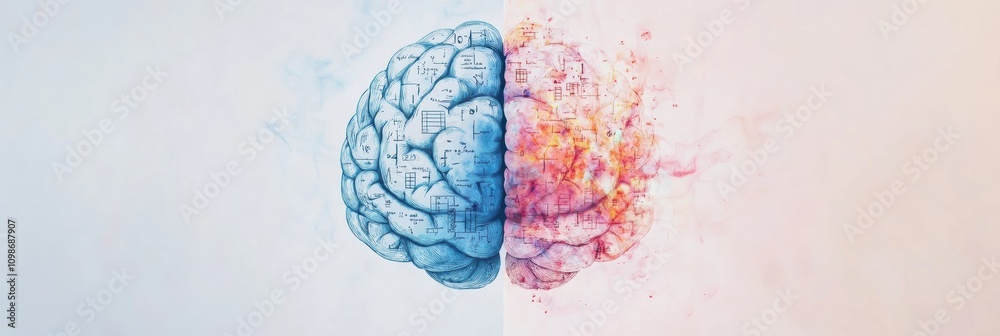 Aufkleber illustration of a brain split in two: one half shows logic, the other creativity, highlighting the b