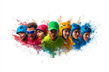 A group of people wearing helmets and goggles in a group of colors