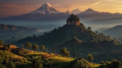 Majestic sunrise over mountain temple and valley.