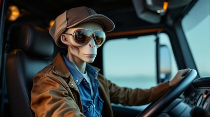 Alien truck driver: futuristic blend of sci-fi and realism in transport setting