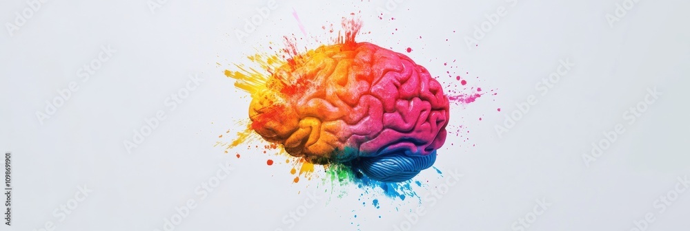 Poster brightly colored paint strokes and splashes cover a brain, highlighting the fusion of art and intell