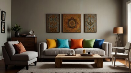 Fototapeta premium Cozy living room with sofa, colorful pillows, and artwork.