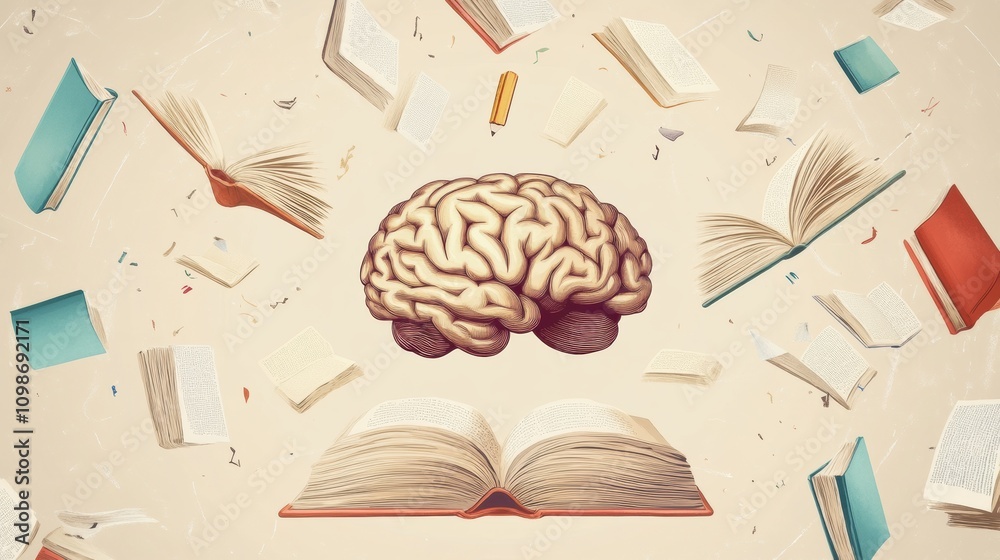 Fototapete an illustration showcases a brain at the center, encircled by open books and fluttering pages, empha