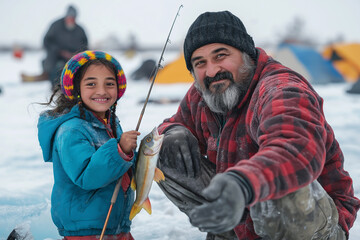 Smiling child and proud fisherman enjoy ice fishing together on a winter day. Generative AI
