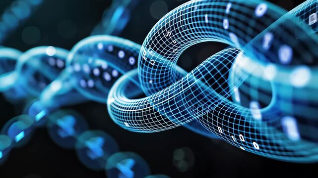 A video showing a blue chain with numbers hanging, representing a sequential order, Use of Blockchain technology in health records safety