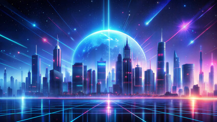 Futuristic cityscape with neon glow against the backdrop of the globe