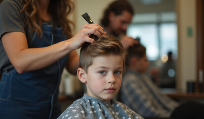 Fototapeta premium boy gets new haircut local barber shop favorite hairdresser today