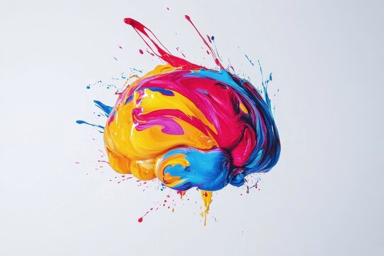 A brain is vividly splattered with bright paint strokes, showcasing a burst of creativity and artistic expression in a colorful display. Generative AI