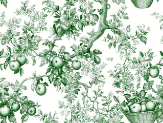 Motif répétitif de toile de Jouy vert champêtre montrant des branches de pommiers remplies de pommes, le motif de la récolte du vergers