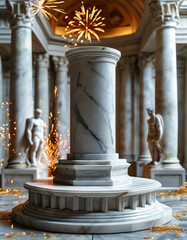 Naklejka premium A small empty marble podium with presentation space surrounded by a statue of the roman god Janus with two faces, set in a luxury roman temple with fireworks, two faced statue, new year celebration