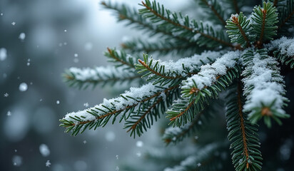 evergreen branches covered snow falling snowflakes winter holiday tree