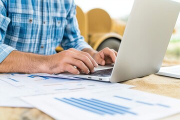 Fototapeta premium A Professional Engaged in Working on a Laptop with Financial Documents in an Outdoor Setting. A professional analyzing extensive data on a laptop, surrounded by documents in a construction setting