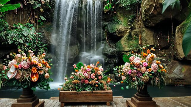 A couple of vases filled with colorful flowers placed next to a majestic waterfall in a scenic landscape, Wedding by a tranquil waterfall, with flowers arrangements around it