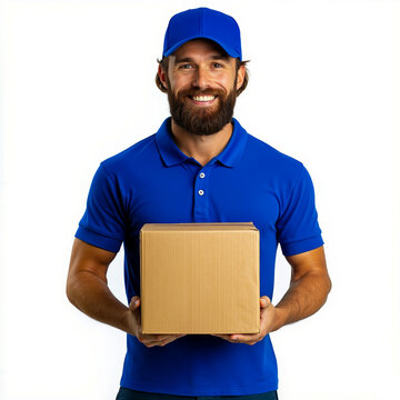 A man in a blue polo shirt holding a cardboard box