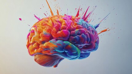 A vibrant brain bursts with lively paint strokes and splashes, showcasing creativity and the dynamic nature of thought, set against a light backdrop. Generative AI