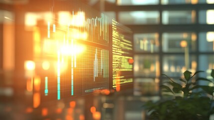 Futuristic digital interface glows in warm office space, blending technology with comfort. Data visualization merges with ambient lighting, creating innovative workspace.