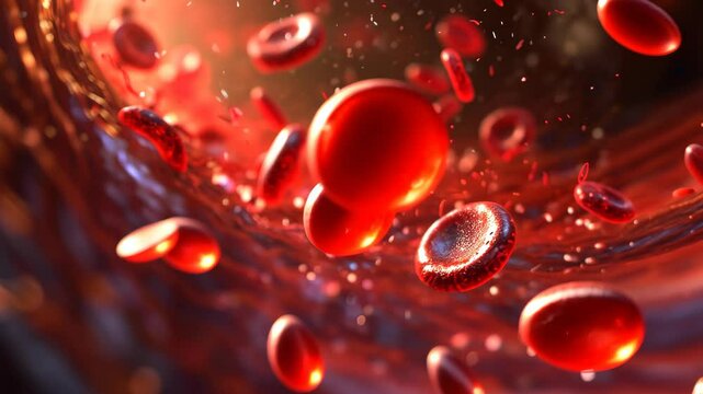 A videograph capturing red blood cells actively flowing through a blood vessel, 3D model of blood cell flow through a human artery