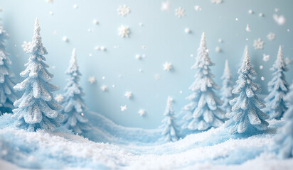 Naklejka premium snowflakes fall gently amidst frosty trees delicate winter wonderland made intricately cut paper shapes